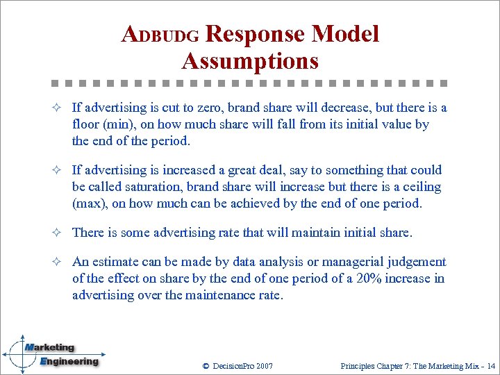 ADBUDG Response Model Assumptions ² If advertising is cut to zero, brand share will