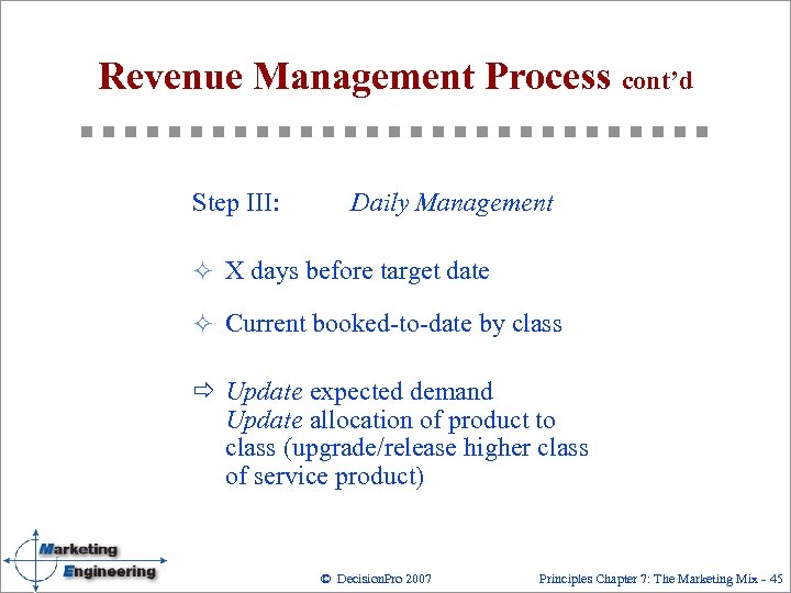 Revenue Management Process cont’d Step III: Daily Management ² X days before target date