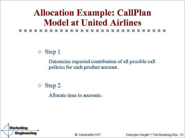 Allocation Example: Call. Plan Model at United Airlines ² Step 1 Determine expected contribution