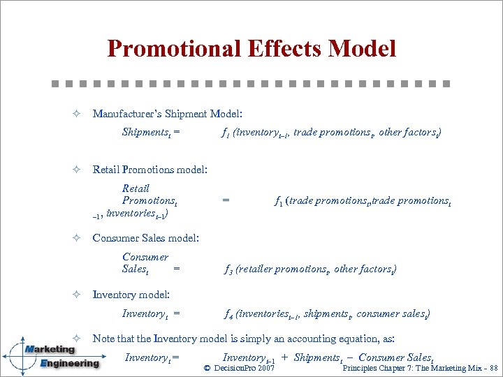 Promotional Effects Model ² Manufacturer’s Shipment Model: Shipmentst = ² Retail Promotions model: Retail