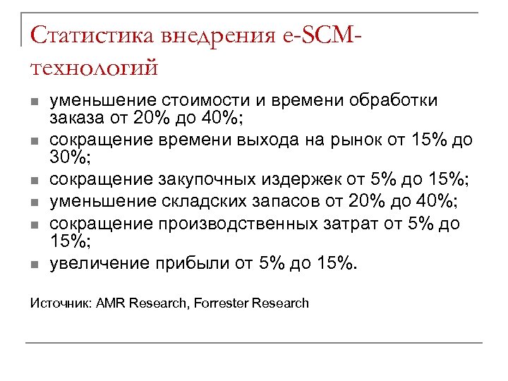 Статистика внедрения e-SCMтехнологий n n n уменьшение стоимости и времени обработки заказа от 20%