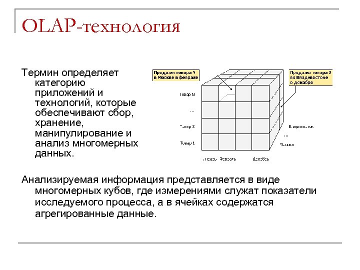 OLAP-технология Термин определяет категорию приложений и технологий, которые обеспечивают сбор, хранение, манипулирование и анализ