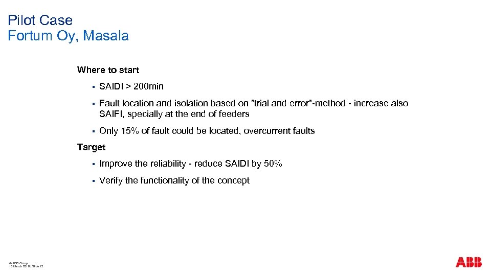 Pilot Case Fortum Oy, Masala Where to start § SAIDI > 200 min §