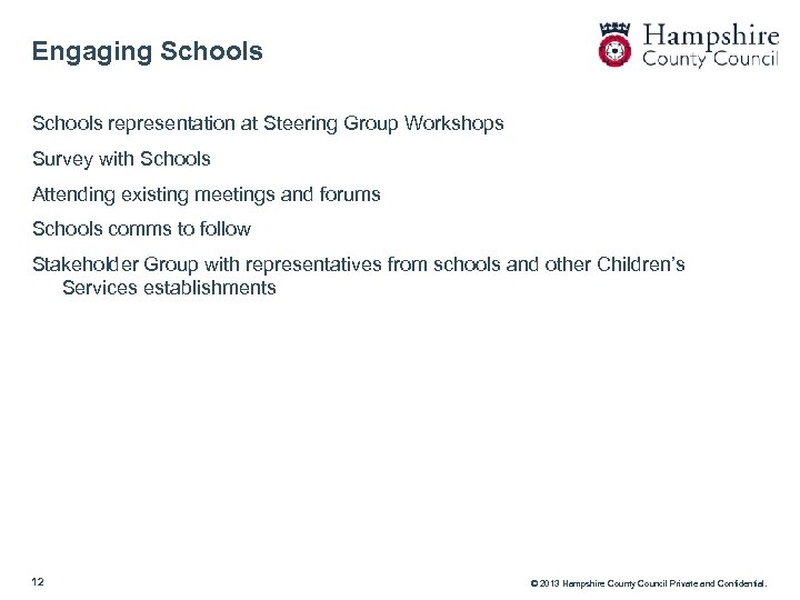 Engaging Schools representation at Steering Group Workshops Survey with Schools Attending existing meetings and