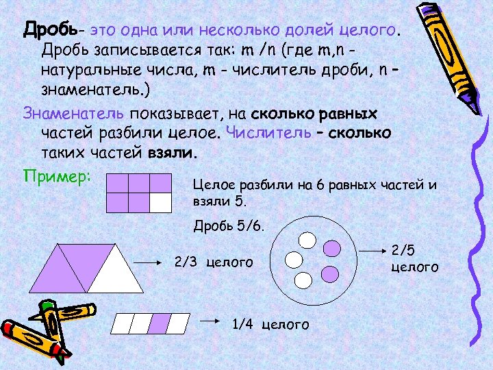 Дробь- это одна или несколько долей целого. Дробь записывается так: m /n (где m,