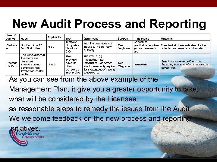 New Audit Process and Reporting Area of Advice Issue Disclosur e Non Capstone FP