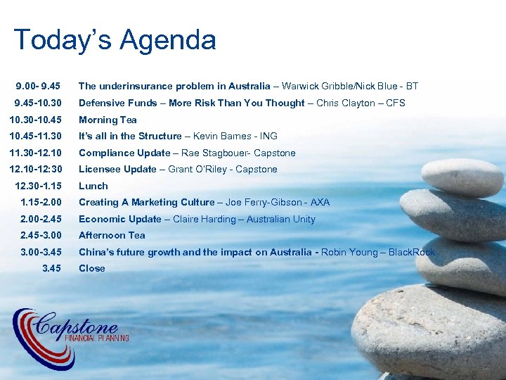 Today’s Agenda 9. 00 - 9. 45 The underinsurance problem in Australia – Warwick