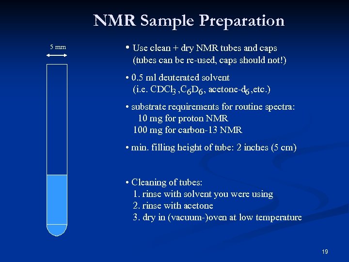 NMR Sample Preparation 5 mm • Use clean + dry NMR tubes and caps