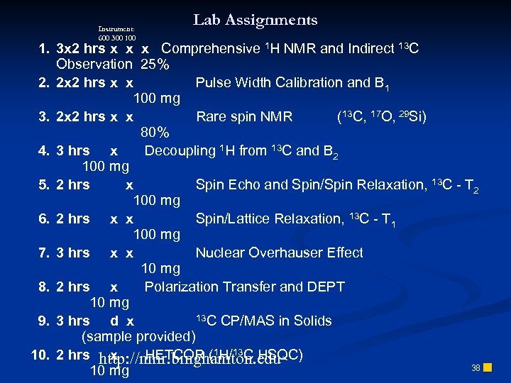 Instrument: 600 300 100 Lab Assignments 1. 3 x 2 hrs x x x