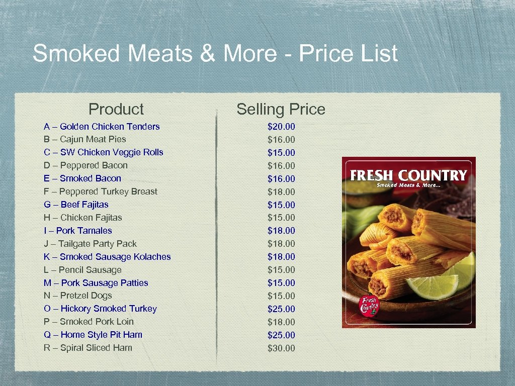 Smoked Meats & More - Price List Product A – Golden Chicken Tenders B