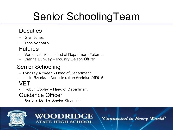 Senior Schooling. Team Deputies – Glyn Jones – Tess Varipatis Futures – Veronica Jukic