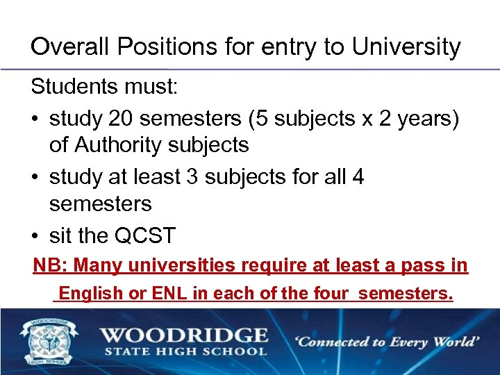 Overall Positions for entry to University Students must: • study 20 semesters (5 subjects