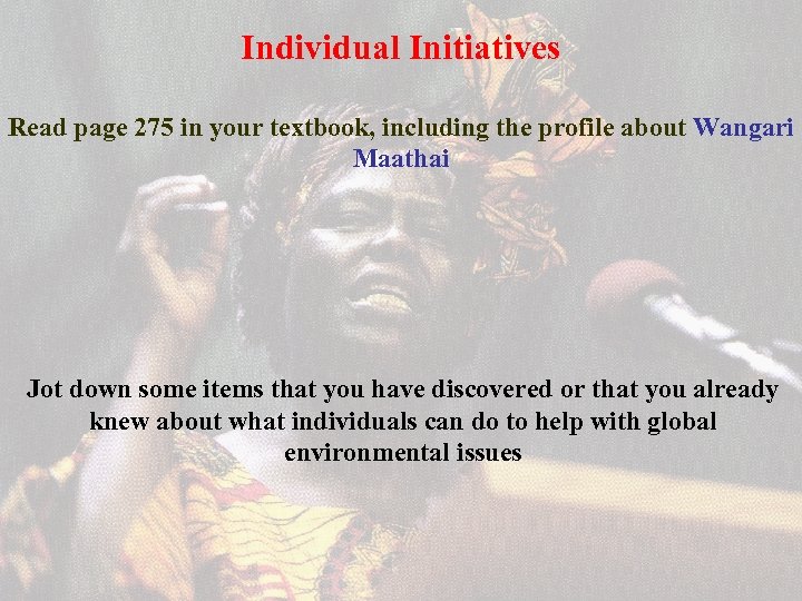 Individual Initiatives Read page 275 in your textbook, including the profile about Wangari Maathai