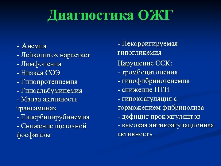 Диагностика ОЖГ - Анемия - Лейкоцитоз нарастает - Лимфопения - Низкая СОЭ - Гипопротеинемия