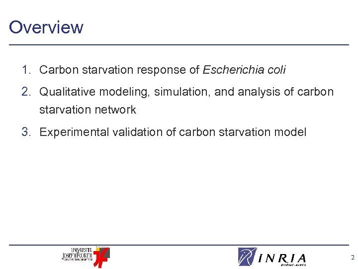 Overview 1. Carbon starvation response of Escherichia coli 2. Qualitative modeling, simulation, and analysis