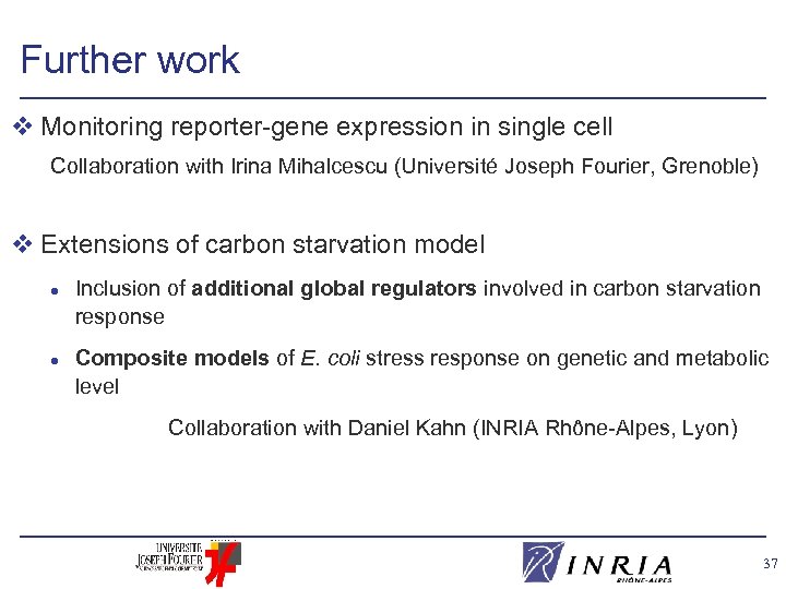 Further work v Monitoring reporter-gene expression in single cell Collaboration with Irina Mihalcescu (Université