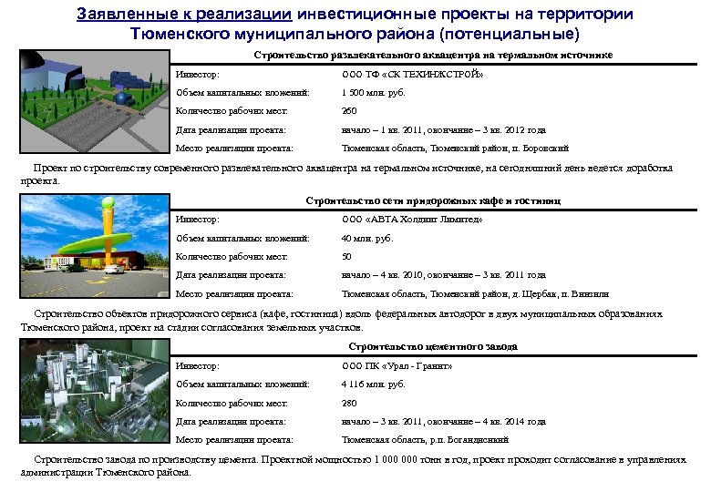 Заявленные к реализации инвестиционные проекты на территории Тюменского муниципального района (потенциальные) Строительство развлекательного аквацентра
