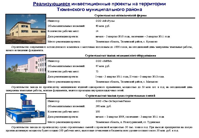 Реализующиеся инвестиционные проекты на территории Тюменского муниципального района Строительство козоводческой фермы Инвестор: ООО АФ