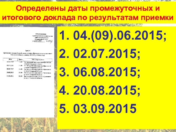 Определены даты промежуточных и итогового доклада по результатам приемки 1. 04. (09). 06. 2015;