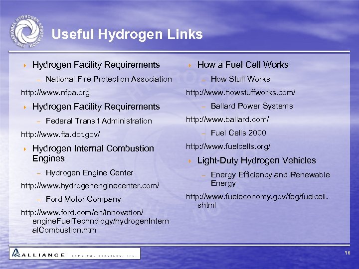 Useful Hydrogen Links 4 Hydrogen Facility Requirements - National Fire Protection Association http: //www.