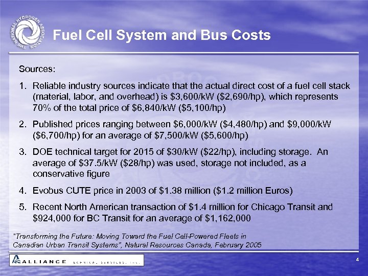 Fuel Cell System and Bus Costs Sources: 1. Reliable industry sources indicate that the