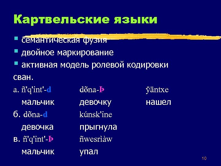 Картвельские языки § семантическая фузия § двойное маркирование § активная модель ролевой кодировки сван.
