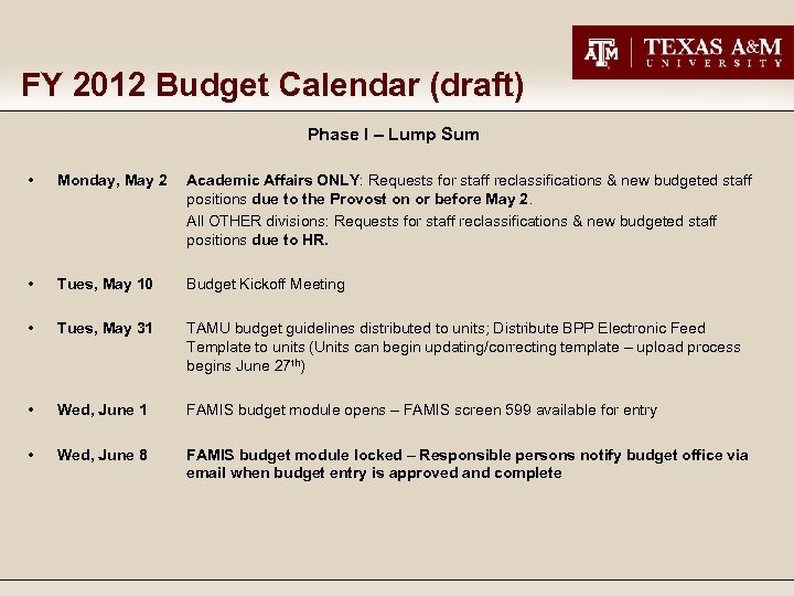 FY 2012 Budget Calendar (draft) Phase I – Lump Sum • Monday, May 2