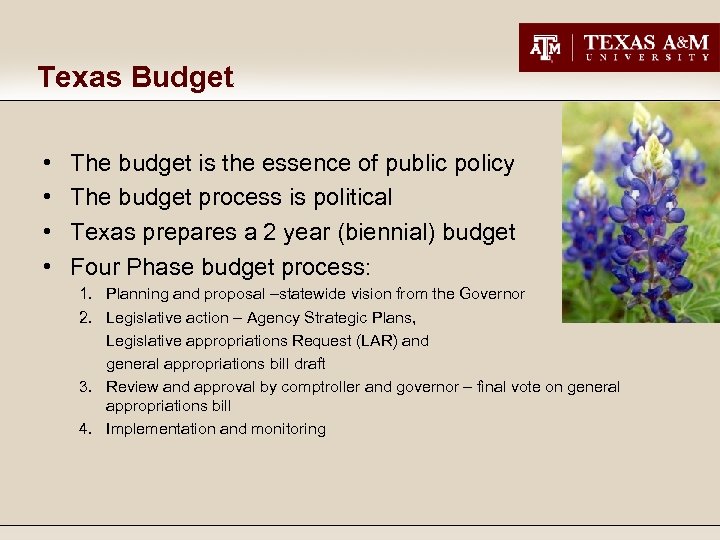 Texas Budget • • The budget is the essence of public policy The budget