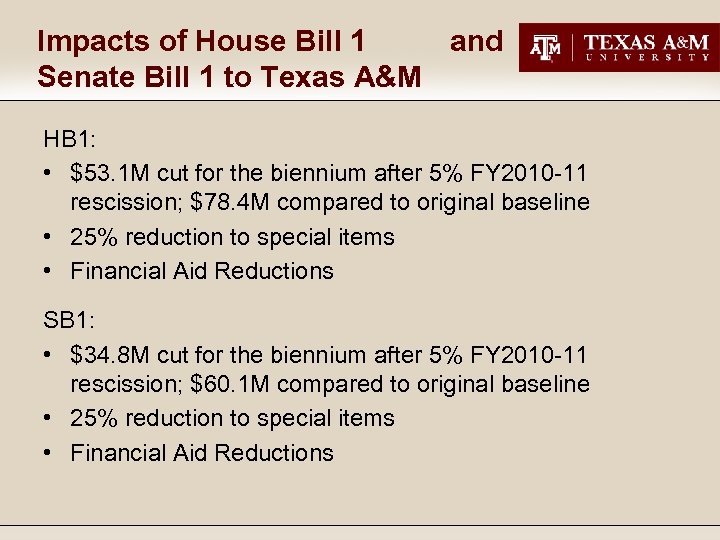 Impacts of House Bill 1 and Senate Bill 1 to Texas A&M HB 1: