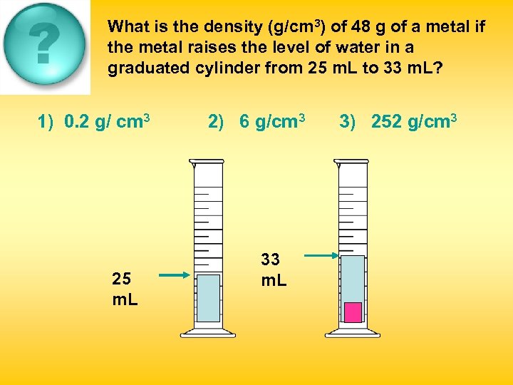 What is the density (g/cm 3) of 48 g of a metal if the