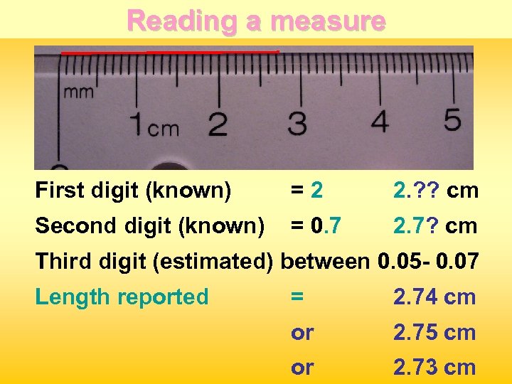 Reading a measure First digit (known) =2 2. ? ? cm Second digit (known)