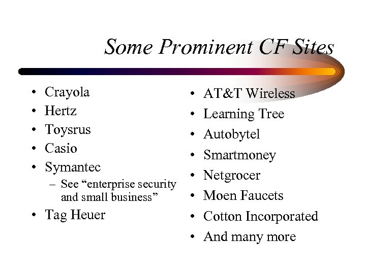 Some Prominent CF Sites • • • Crayola Hertz Toysrus Casio Symantec • •