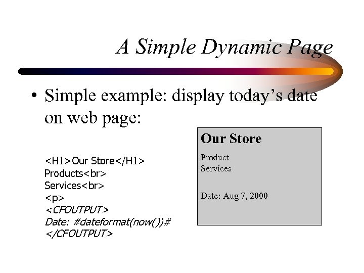 A Simple Dynamic Page • Simple example: display today’s date on web page: Our