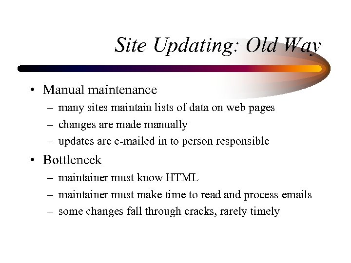 Site Updating: Old Way • Manual maintenance – many sites maintain lists of data