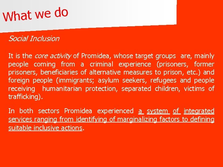 hat we do W Social Inclusion It is the core activity of Promidea, whose