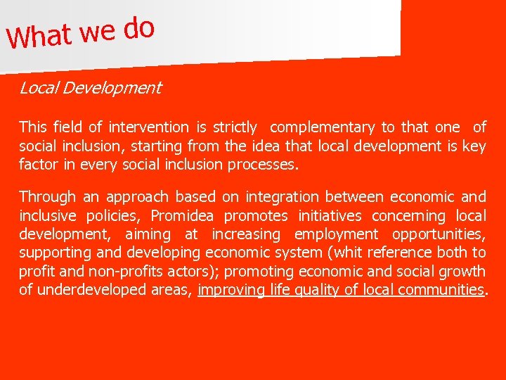 hat we do W Local Development This field of intervention is strictly complementary to
