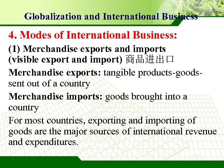 Globalization and International Business 4. Modes of International Business: (1) Merchandise exports and imports