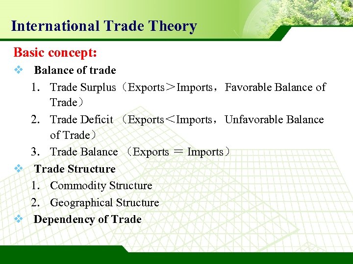 International Trade Theory Basic concept: v Balance of trade 1. Trade Surplus（Exports＞Imports，Favorable Balance of