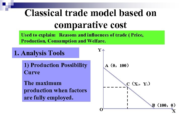 Classical trade model based on comparative cost Used to explain：Reasons and influences of trade