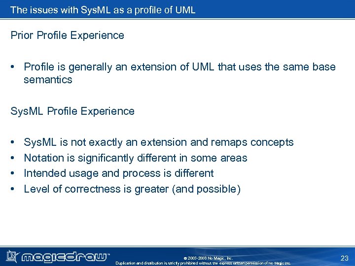 The issues with Sys. ML as a profile of UML Prior Profile Experience •