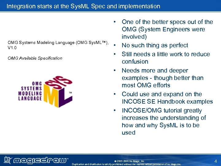 Integration starts at the Sys. ML Spec and implementation OMG Systems Modeling Language (OMG