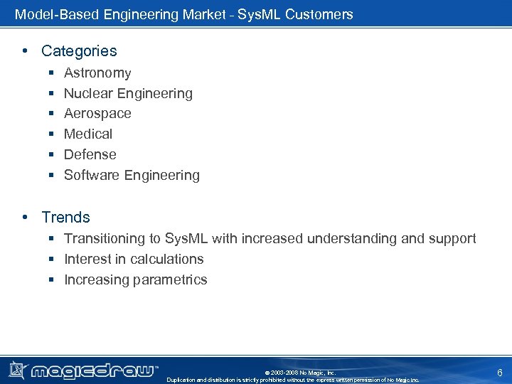 Model-Based Engineering Market – Sys. ML Customers • Categories § § § Astronomy Nuclear