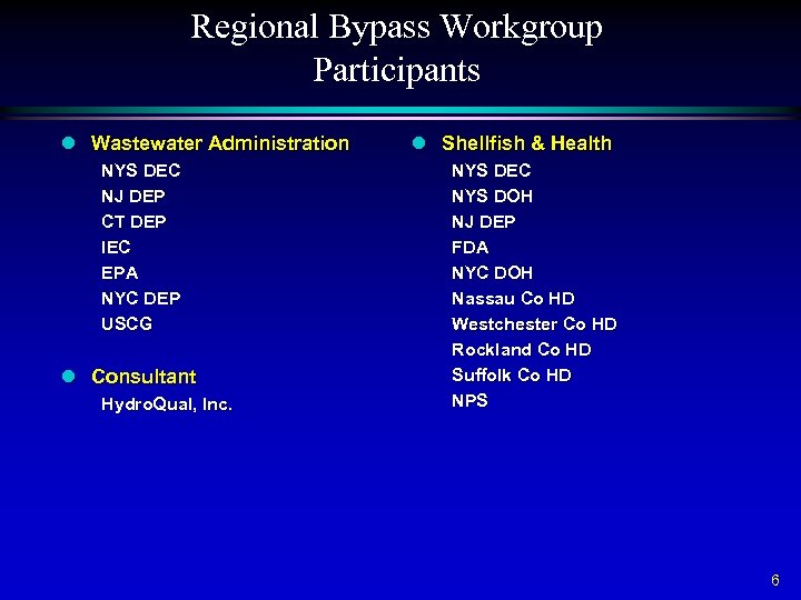 Regional Bypass Workgroup Participants l Wastewater Administration NYS DEC NJ DEP CT DEP IEC