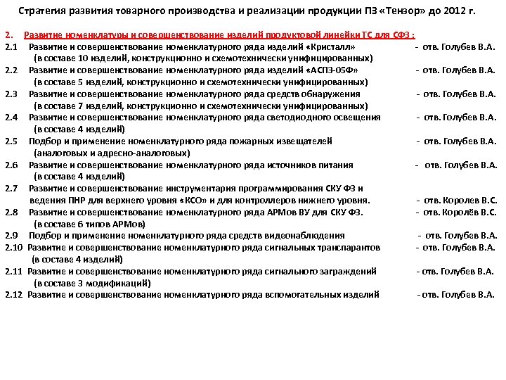 Стратегия развития товарного производства и реализации продукции ПЗ «Тензор» до 2012 г. 2. Развитие