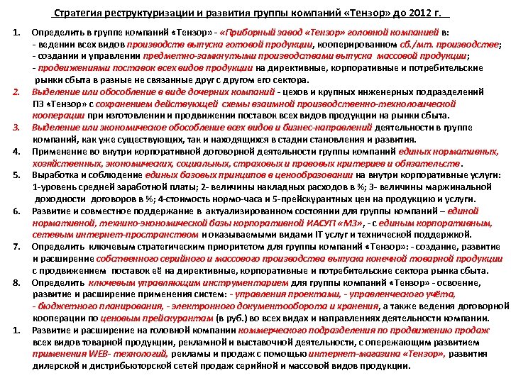 Стратегия реструктуризации и развития группы компаний «Тензор» до 2012 г. 1. 2. 3. 4.