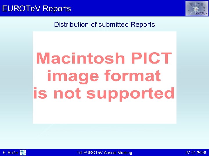EUROTe. V Reports Distribution of submitted Reports K. Büßer 1 st EUROTe. V Annual