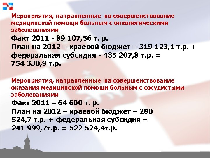 Мероприятия, направленные на совершенствование медицинской помощи больным с онкологическими заболеваниями Факт 2011 - 89