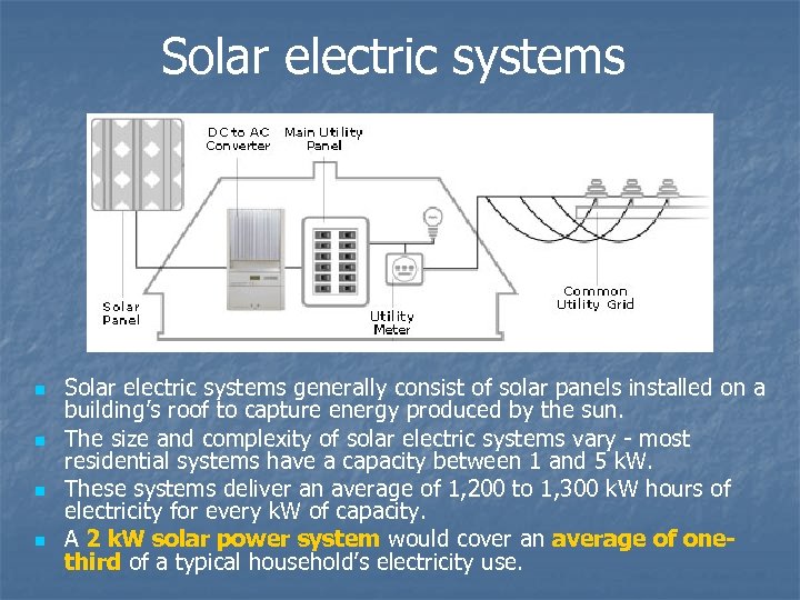 Solar electric systems n n Solar electric systems generally consist of solar panels installed