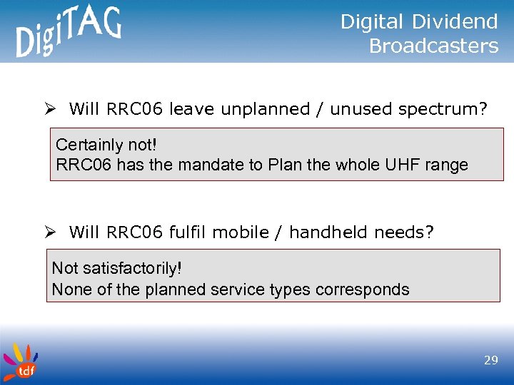 Digital Dividend Broadcasters Ø Will RRC 06 leave unplanned / unused spectrum? Certainly not!