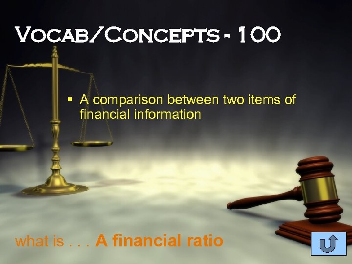 Vocab/Concepts - 100 § A comparison between two items of financial information what is.